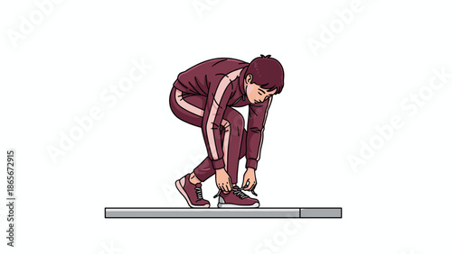 Athlete in maroon tracksuit tying shoelaces before running competition.