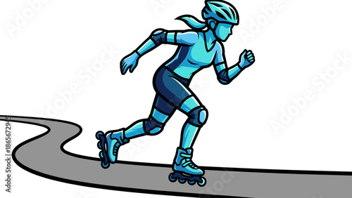 Energetic female rollerblading on a winding path enjoying outdoor activity.