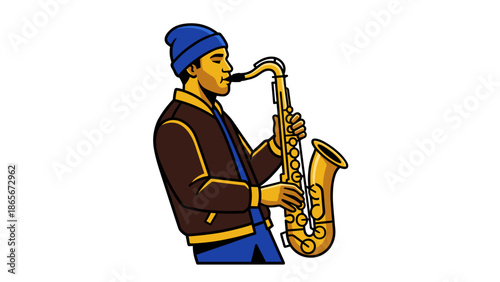 Illustration of a musician playing a saxophone with a focused expression.