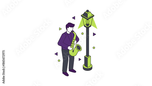 Isometric illustration of a man playing the saxophone near a lamp post.