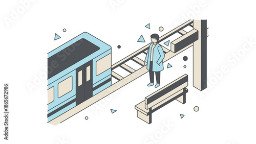 Isometric illustration of a person waiting for the subway train at the station.