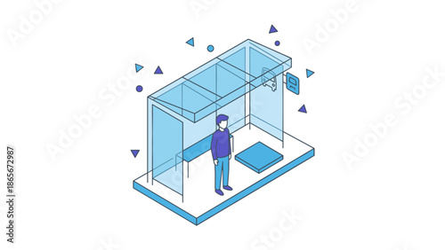 Isometric illustration of a person waiting at a bus stop shelter.