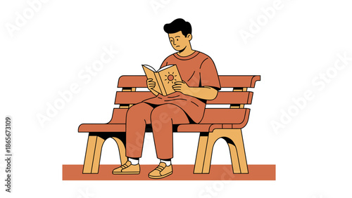 Young Man Reading a Book While Sitting on a Wooden Bench.
