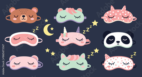 Assortment of cute sleep masks featuring various animals like bears, cats, pandas, and unicorns on a dark blue starry background.