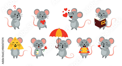 Collection of nine cute gray mouse characters engaged in different activities like reading, eating cheese, and holding a heart for kids.