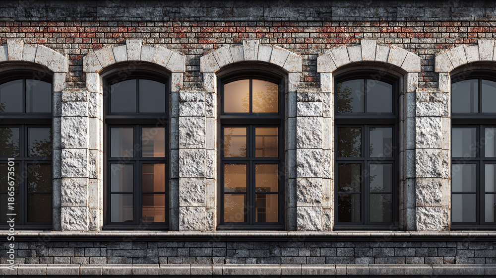Obraz premium Old brick building exterior featuring a row of windows