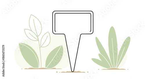 Simple blank white garden plant label stuck in the soil between two different green leafy plants on a white background for gardening.
