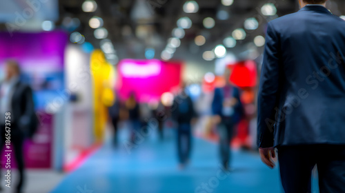 A blurred image of people walking through a brightly lit indoor exhibition or trade show with colorful booths and displays