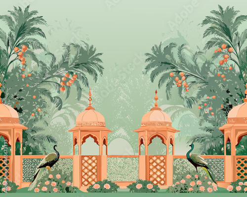 a serene garden scene with peacocks and palm trees in a decorative setting
