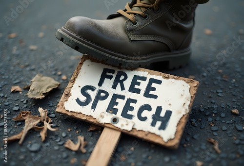 Military boot suppressing free speech protest sign
