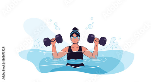 Woman wearing goggles and a swim cap performing water aerobics exercises using purple dumbbells in a blue swimming pool.