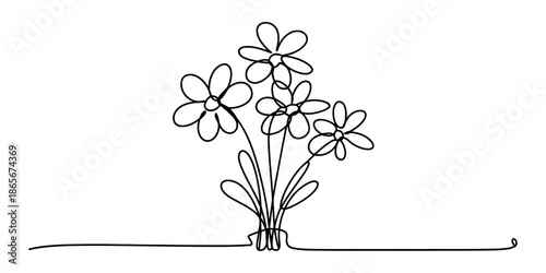A delicate single line drawing of a small bouquet of daisy-like flowers Vector, illustration