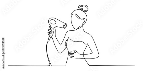 Woman drying her hair with a hairdryer in a minimalist style Vector, illustration