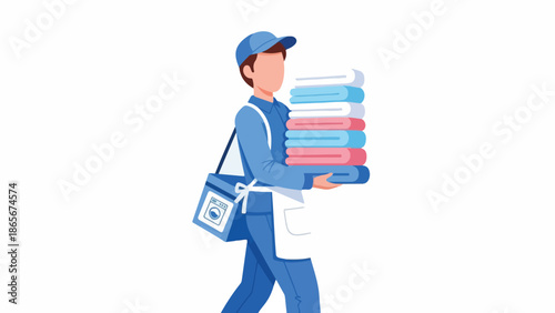 Laundry Service Worker Carrying Stack of Clean, Folded Towels