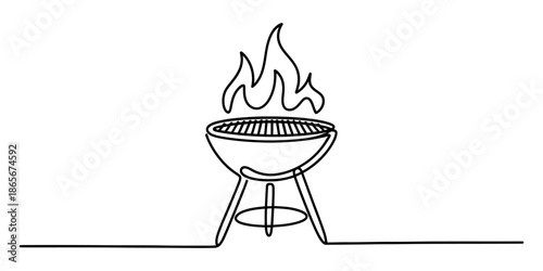 Continuous line drawing of a barbecue grill with flames Vector, illustration