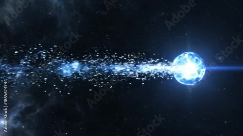 A glowing blue planet emits a trail of sparkling particles and light against a dark starry space background with a cinematic feel.