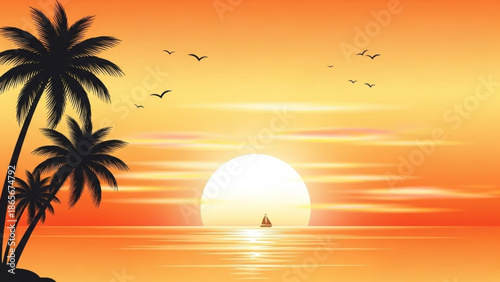 Serene tropical sunset with palm trees and sailboat on calm ocean