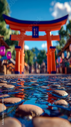 Colorful reflections, serene water, torii gates, vibrant summer festival scene.