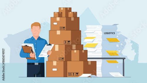 Logistician with Clipboard and Stack of Delivery Boxes