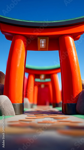 Red torii gates, pathway beneath azure sky, serene setting