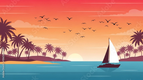 Serene tropical island getaway with sailboat at sunset