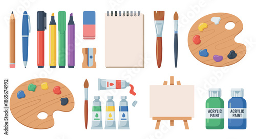 Artistic tools and supplies for drawing, painting, and creative expression, featuring palettes, brushes, paints, and sketchpads