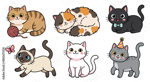 Collection of adorable and playful cartoon cats in various poses and colors