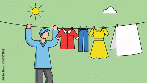 Man Hanging Laundry on Clothesline Under Sunny Sky Illustration