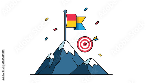 Illustration of a flag on a mountain peak with a target and arrow, symbolizing achievement and success.