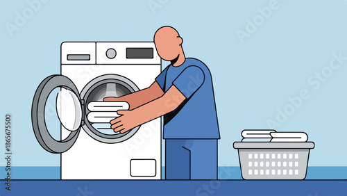 Person Loading Clean Laundry into Washing Machine, Illustration