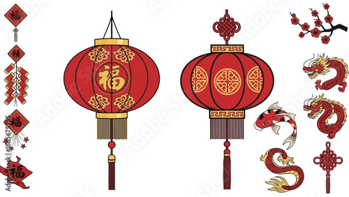 Festive collection of traditional Chinese New Year cultural symbols red lanterns, auspicious dragons, lucky firecrackers, cherry blossoms, and koi fish for oriental celebration decoration