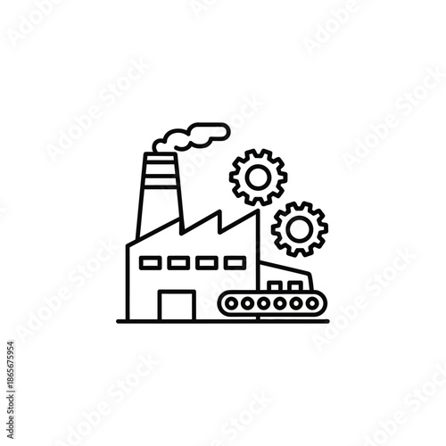 Industrial Factory with Smoke Emission and Mechanical Gears in Minimalist Outline Style