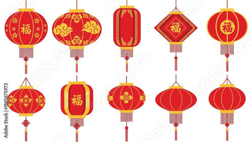 A vibrant collection of traditional Chinese lanterns showcasing various festive designs and symbols of good fortune, perfect for cultural celebrations and decorative themes