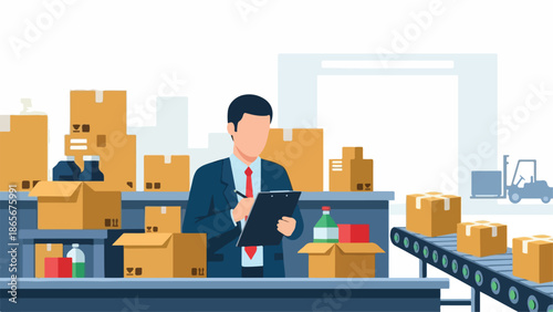 Warehouse Worker Inspecting Boxes on Conveyor Belt