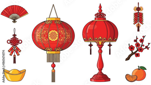 A vibrant collection of traditional Chinese New Year symbols and decorations, featuring lanterns, firecrackers, and lucky charms for festive celebrations and cultural events