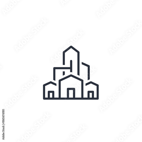 Minimalist Black Line Drawing of Modern Apartment Buildings in Urban Skyline