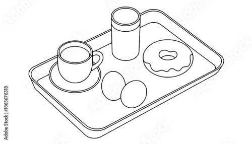 A simple line drawing of a breakfast tray with food and drink