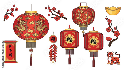 A rich assortment of traditional Chinese cultural elements and festive decorations for celebrating Lunar New Year and prosperity