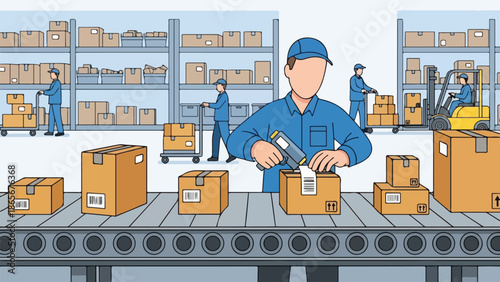 Warehouse Worker Scanning Barcode on Box at a Conveyor Belt