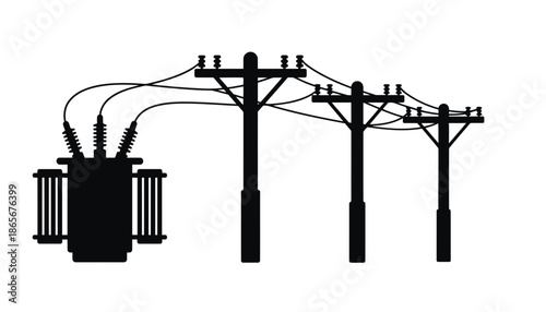 A black silhouette of power lines and a transformer on a white background