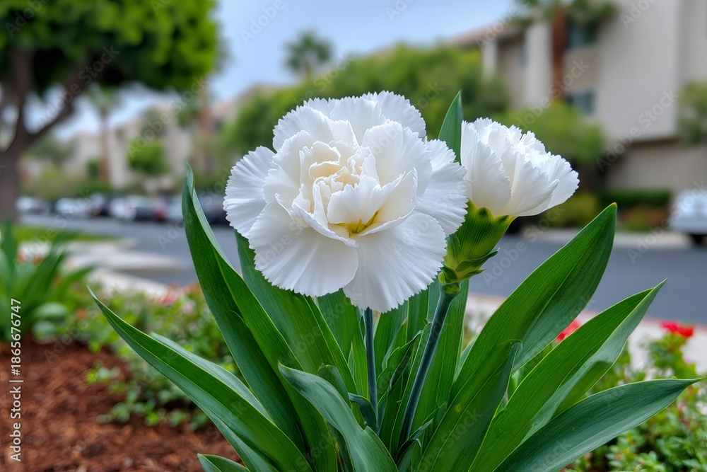 Obraz premium White carnation flowers blooming in urban garden