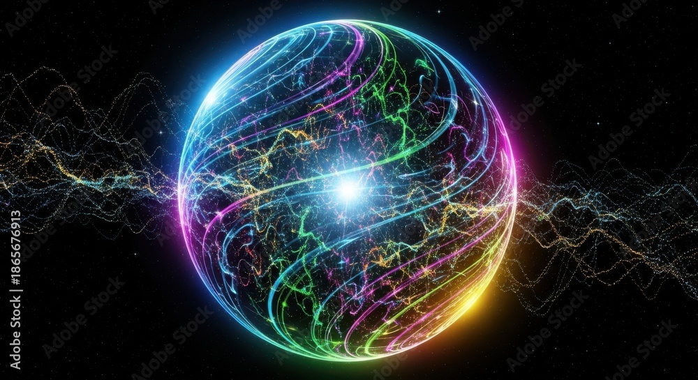 Obraz premium Close up Bright colorful crystal ball with flowing particles in the space