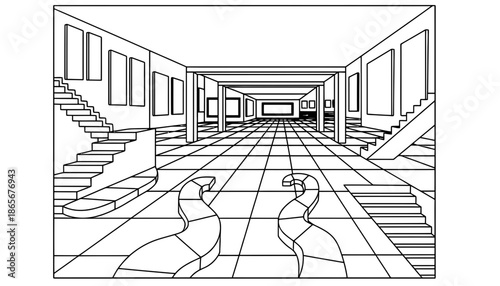A black and white line drawing of a modern building interior with stairs