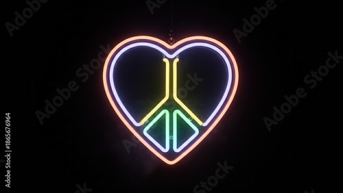 Vibrant neon heart sign with a glowing peace symbol illuminating the darkness