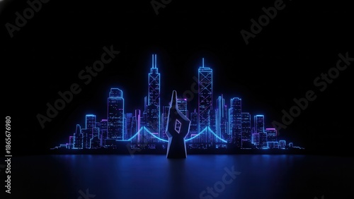 Dynamic neon cityscape silhouette at night with abstract glowing indicator creating a futuristic