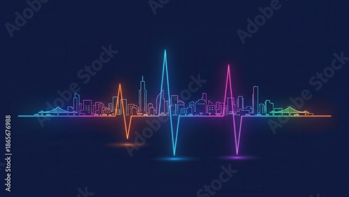 Dynamic neon city skyline with vibrant waveform pulses representing urban energy and technological