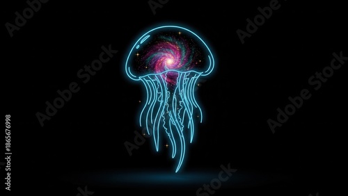 Hypnotic neon jellyfish silhouette glowing with a vibrant cosmic spiral galaxy within its bell