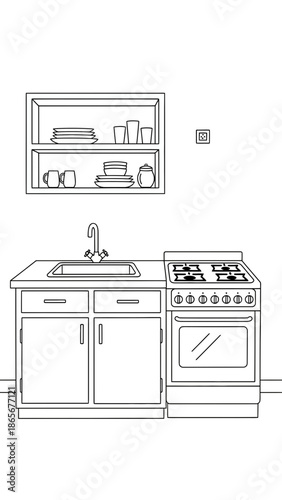 Monochrome Line Art Illustration of a Modern Kitchen Interior with Sink, Stove, Shelves, and Cabinets