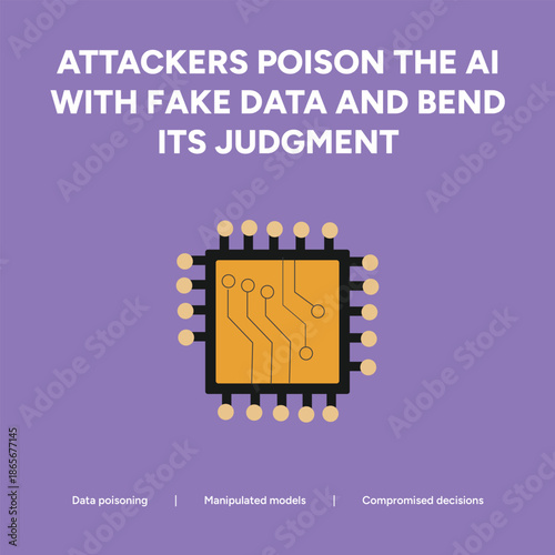 Data poisoning attack manipulating AI models and compromising decisions, conceptual illustration of a computer chip on a purple background