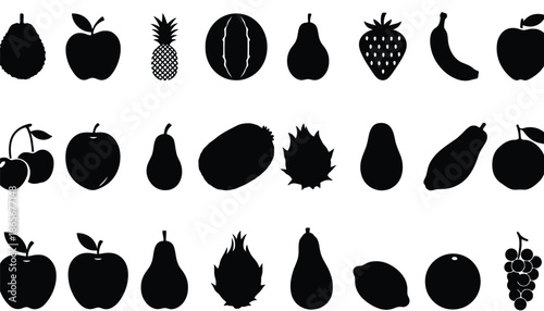 A collection of black silhouettes of various fruits on a white background